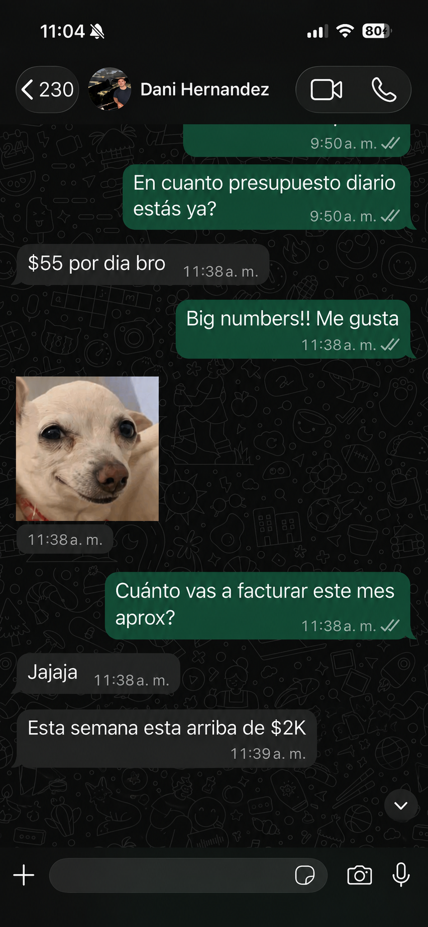 Conversación de WhatsApp con Dani Hernández facturando arriba de $2K en una semana.