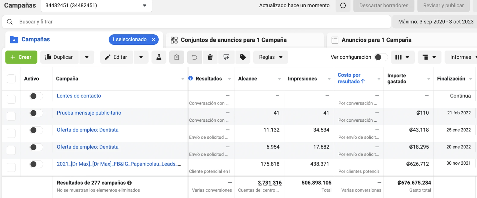Cuenta publicitaria operada — +500 campañas